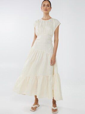 AERE Cut-Out Chain Detail Tiered Linen Midi Dress in Cream